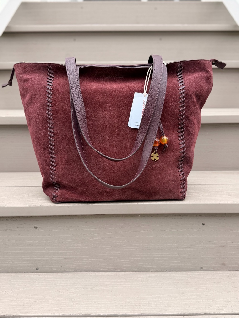 NWT Lucky Brand Burgundy Suede Leather Boho Tote Bag - Picture 13 of 15